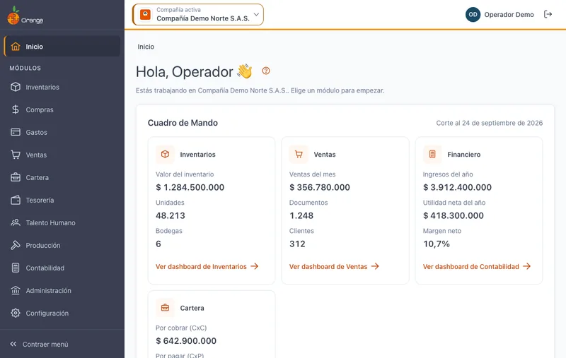 Pantalla de inicio de Orange ERP con el cuadro de mando de inventarios, ventas, finanzas y cartera