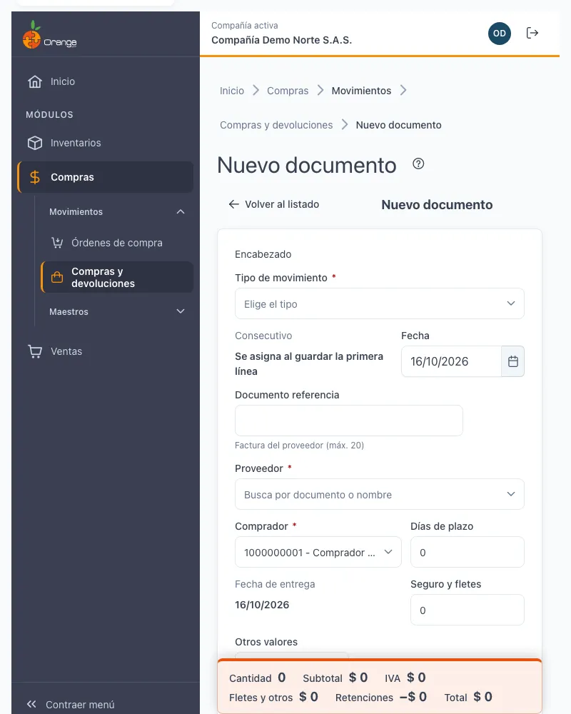 Captura de una compra nueva