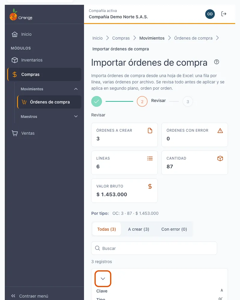 Vista previa por orden al importar desde Excel
