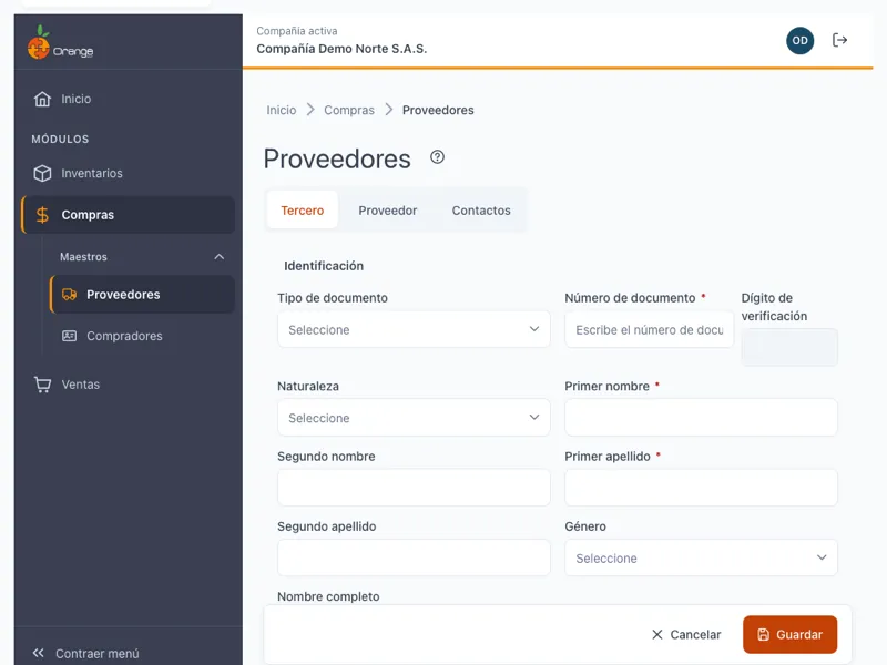 Ficha para crear un proveedor