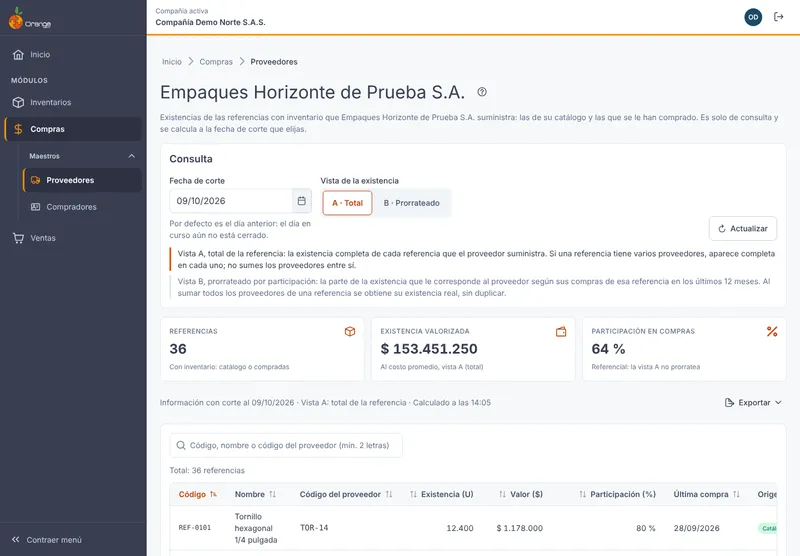 Inventario del proveedor: total de cada referencia