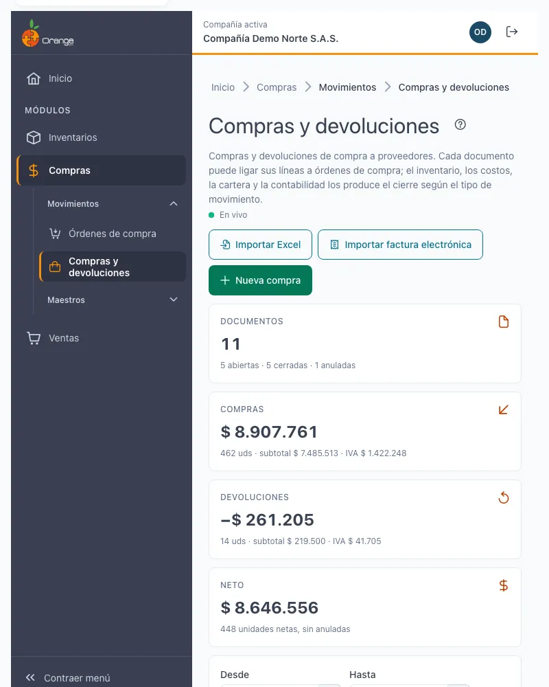 Listado de compras y devoluciones