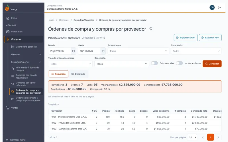 Informe de órdenes de compra y compras por proveedor