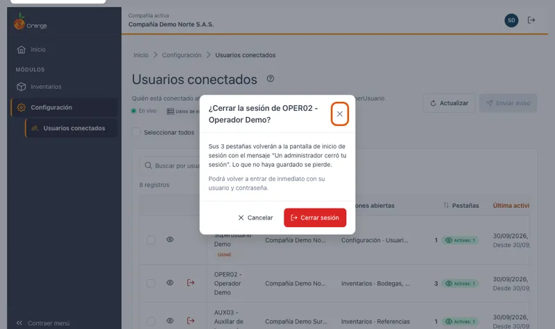 Confirmación para cerrar la sesión de un usuario