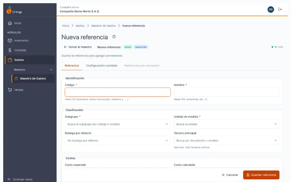 Crear una referencia de gasto
