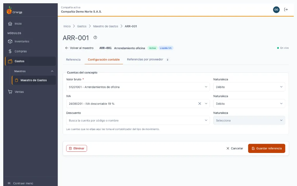 Configuración contable de la referencia