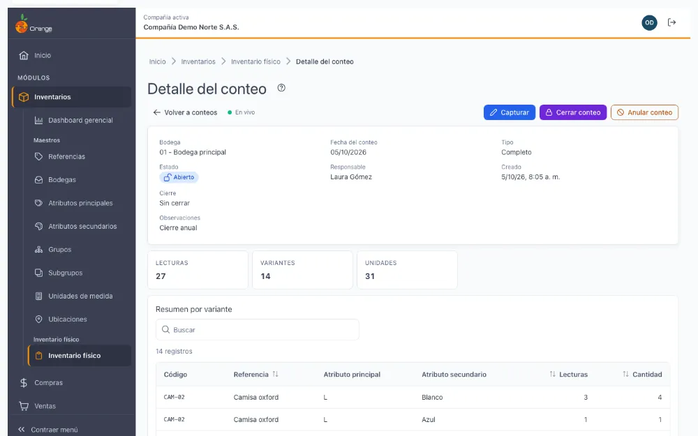 Detalle de un conteo abierto con su resumen