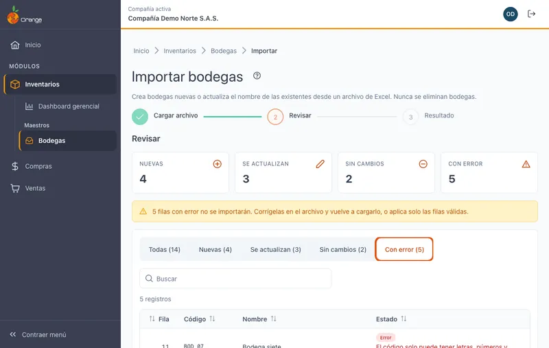 Revisión de una importación desde Excel, antes de guardar