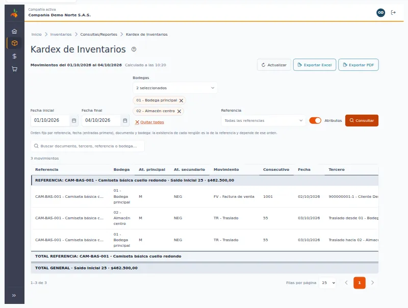 Kardex con las entradas, las salidas y el saldo de cada movimiento