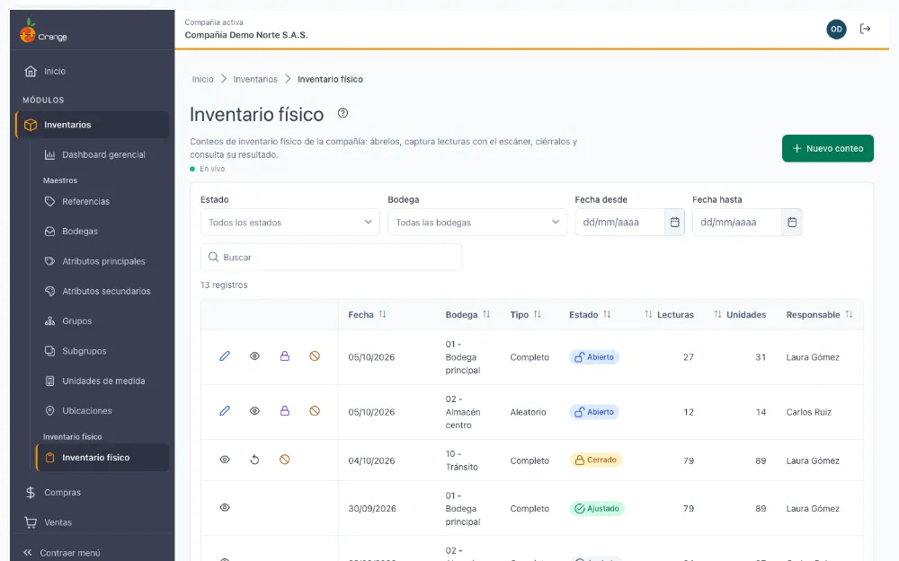 Listado de conteos de inventario físico en distintos estados