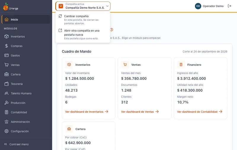 Menú para cambiar de compañía