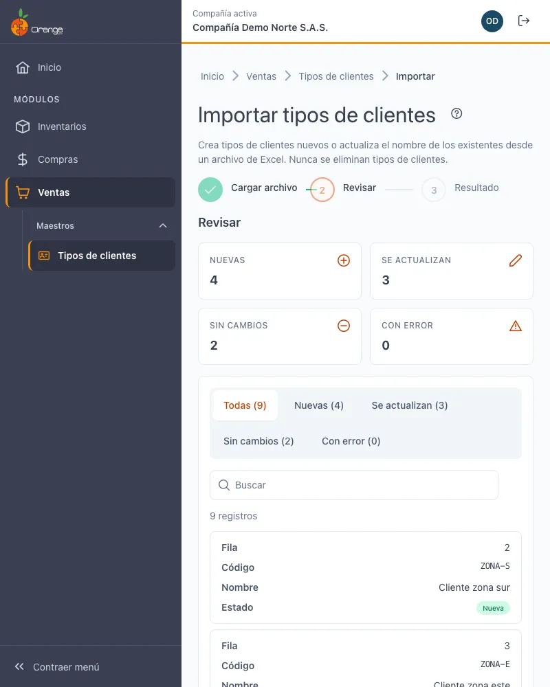 Vista previa de la importación, sin errores