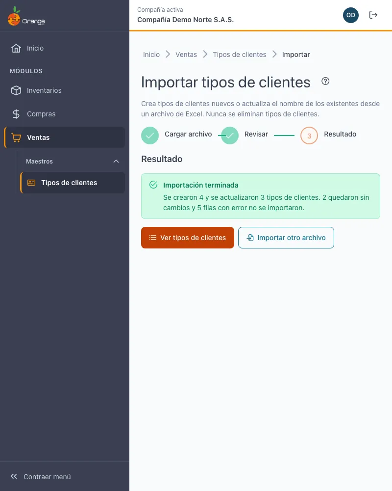 Resultado de la importación