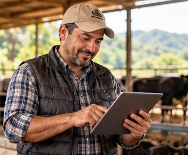 Un productor revisa una tablet en un establo, con vacas al fondo