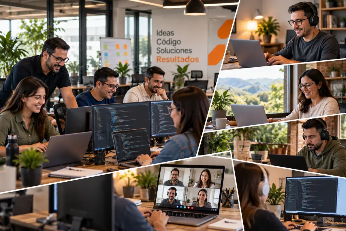 Equipo de trabajo en una oficina luminosa: varias personas programan juntas, y otras trabajan a distancia y en videollamada