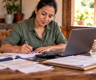 Una mujer anota en una libreta junto a su portátil y una calculadora para ordenar los gastos