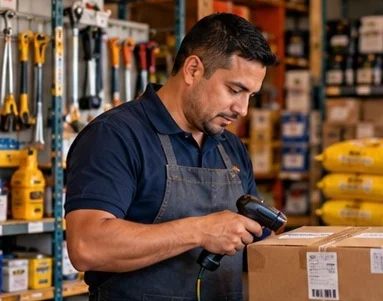 Un trabajador escanea una caja con un lector de códigos en una bodega