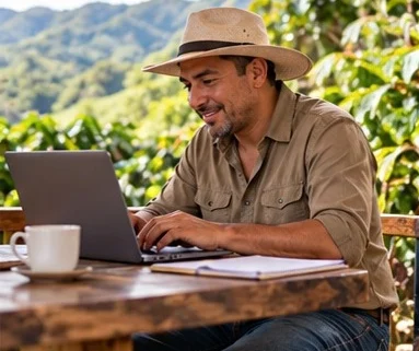Un productor con sombrero trabaja en su portátil con cafetales al fondo