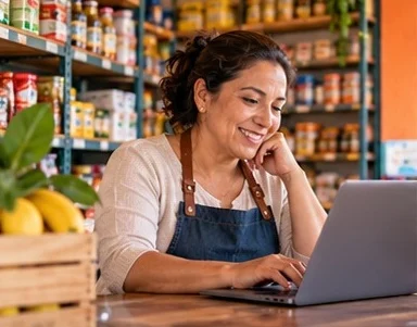 Una comerciante sonríe mientras usa su portátil en su tienda de abarrotes