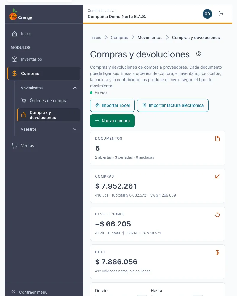 Listado de compras y devoluciones con el resumen del filtro y los botones para importar