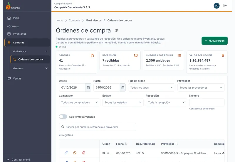 Listado de órdenes de compra con los indicadores de recepción y los filtros