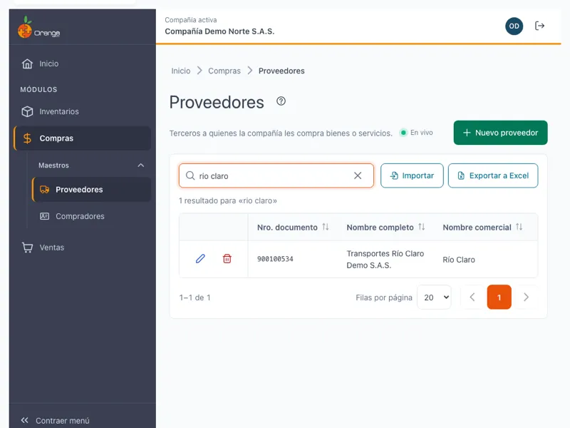 Listado de proveedores con búsqueda, importar y exportar a Excel