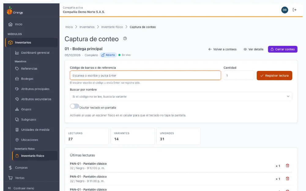 Captura de un conteo de inventario físico con el código leído, la cantidad y las últimas lecturas