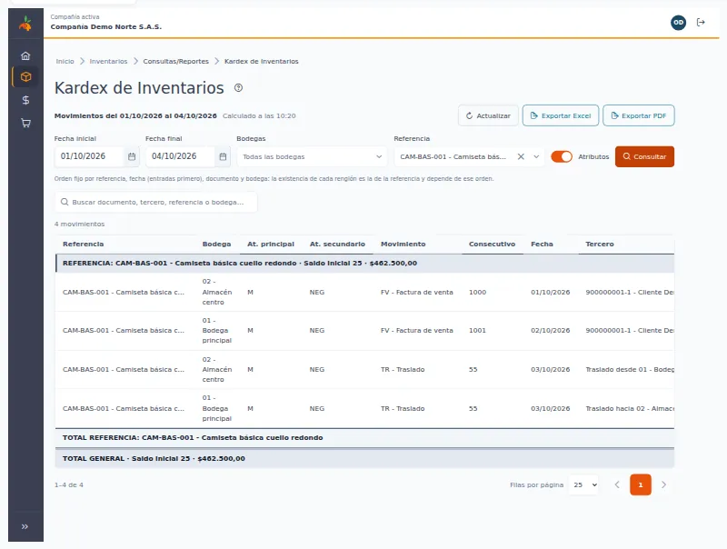 Kardex de una referencia con las entradas, las salidas y el saldo de cada movimiento