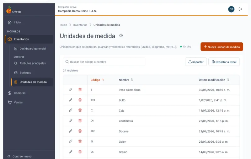 Listado de unidades de medida con buscador y botones para importar y exportar a Excel