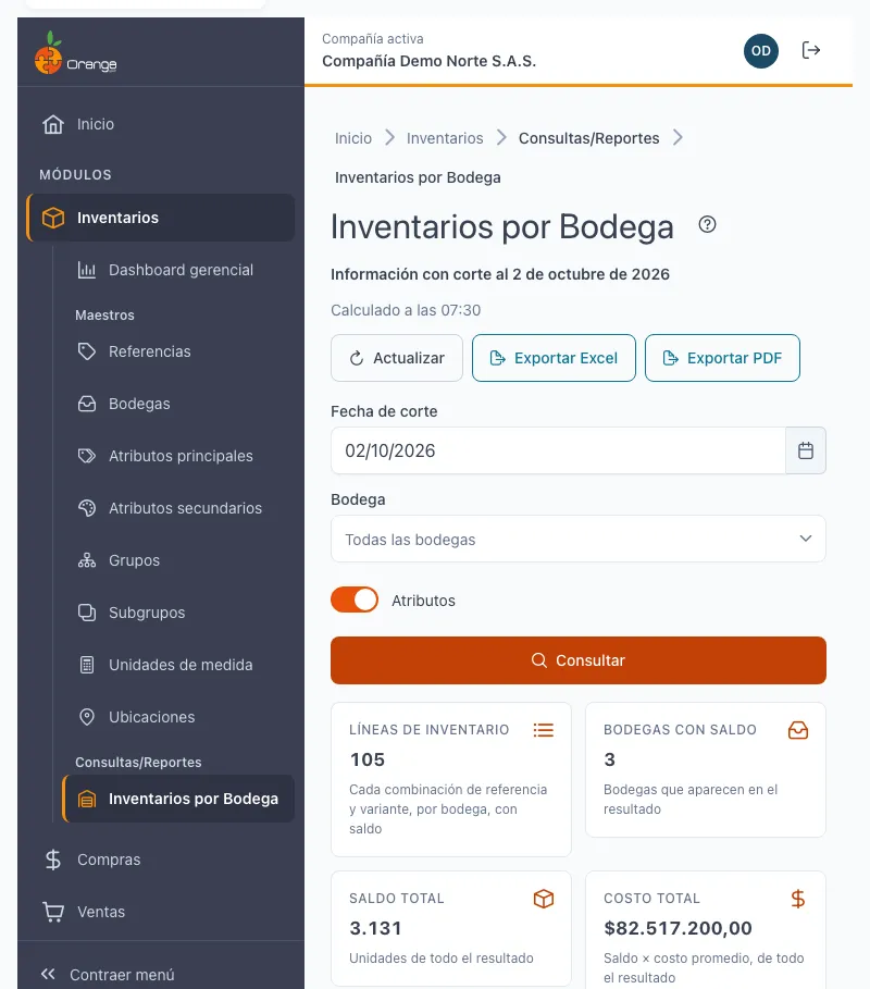 Pantalla de Inventarios por bodega con el corte a una fecha, las líneas de inventario, el saldo y el costo total