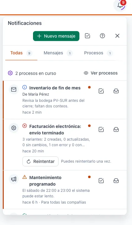 Panel de notificaciones con los avisos recientes y los procesos en curso