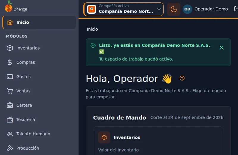Pantalla de inicio de Orange ERP en tema oscuro