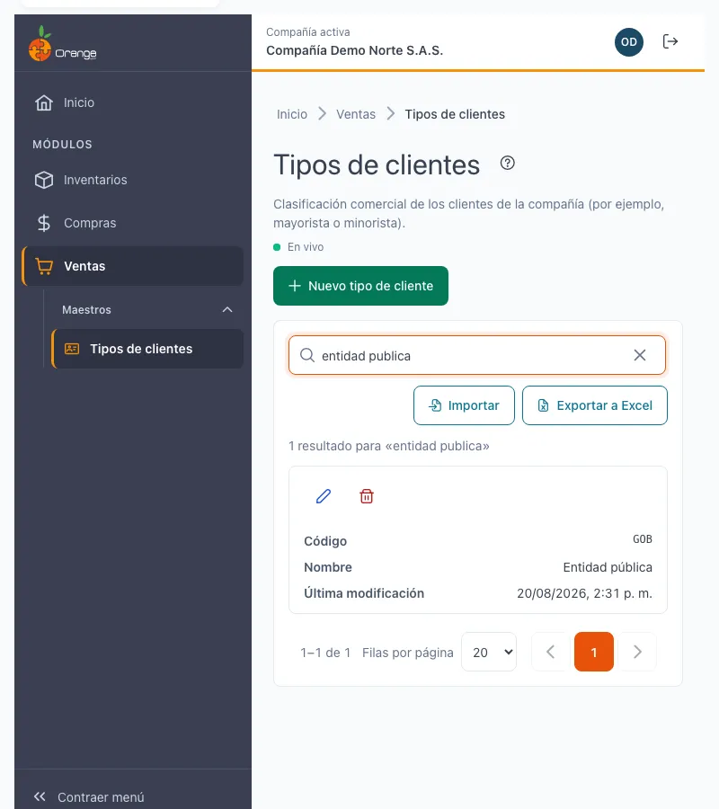 Listado de tipos de clientes con búsqueda y los botones de importar y exportar a Excel